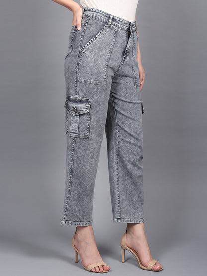 Grey Cargo Jeans For Women High Waist Straight Fit Stretchable Denim - 1215