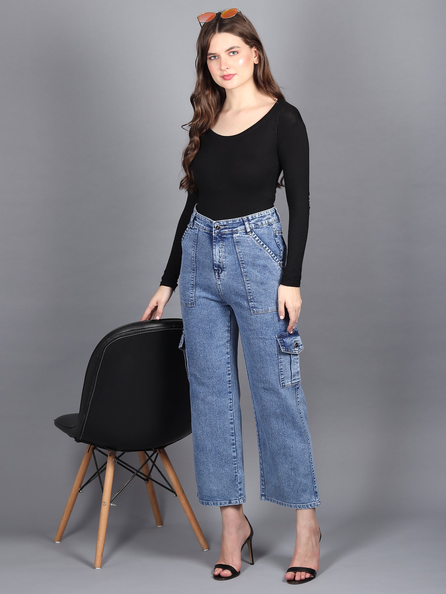 Ice Blue Cargo Jeans For Women High Waist Straight Fit Stretchable Denim - 1215