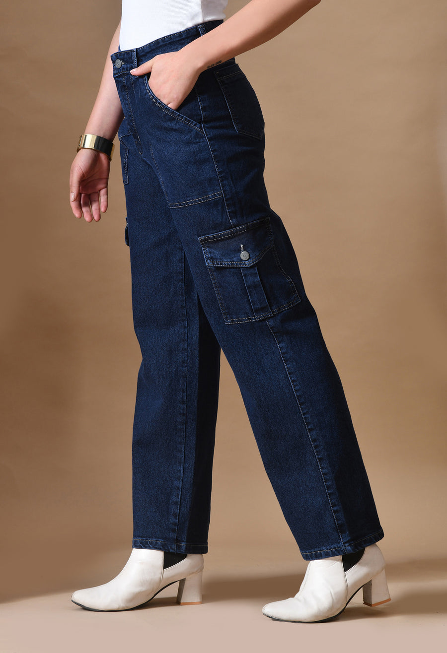 Trailblazer Cargo Denim Jeans – High Rise Cargo Jeans Side View – Glossia Fashion