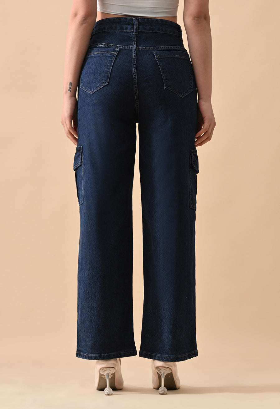 Trailblazer Cargo Denim Jeans – High Rise Cargo Jeans Back View – Glossia Fashion
