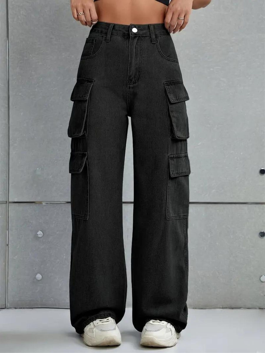 Voyager Vixen Cargo Pants – Black Cargo Jeans Side View – Glossia Fashion