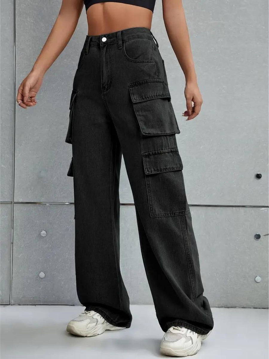 Voyager Vixen Cargo Pants – Black Cargo Jeans Style View – Glossia Fashion