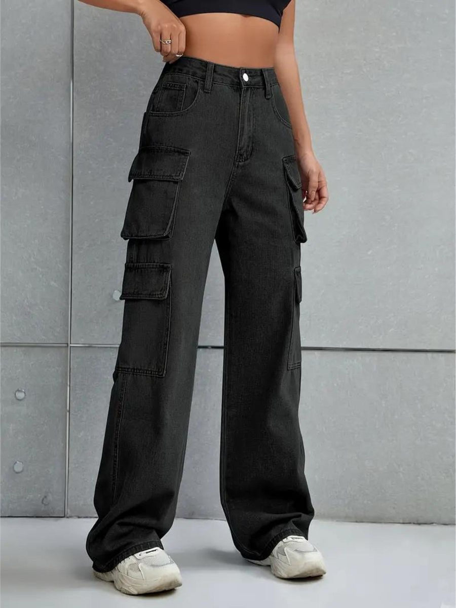 Voyager Vixen Cargo Pants – Black Cargo Jeans Front View – Glossia Fashion