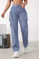 Street Style Scout Cargo Jeans – Blue Cargo Jeans Front View – Glossia Fashion