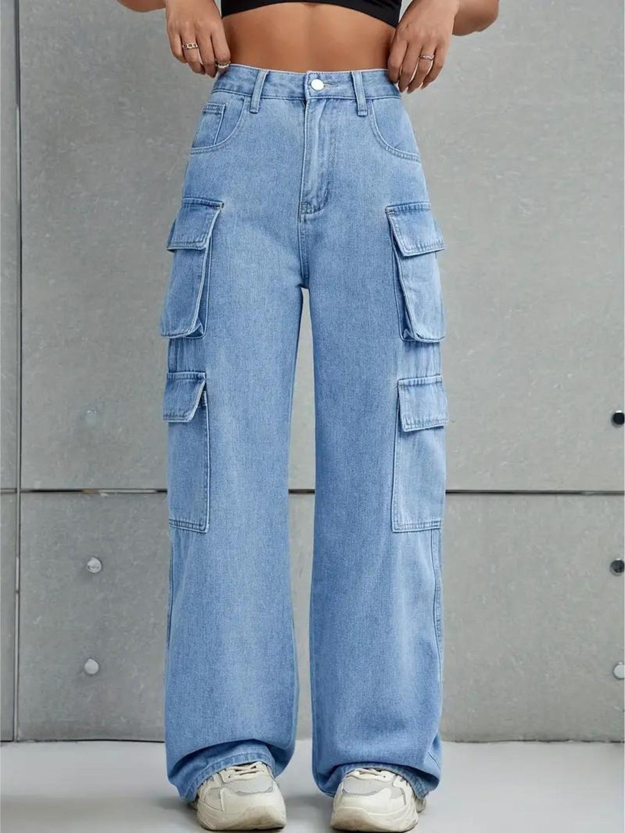 Voyager Vixen Cargo Pants – Light Blue Cargo Jeans Front View – Glossia Fashion