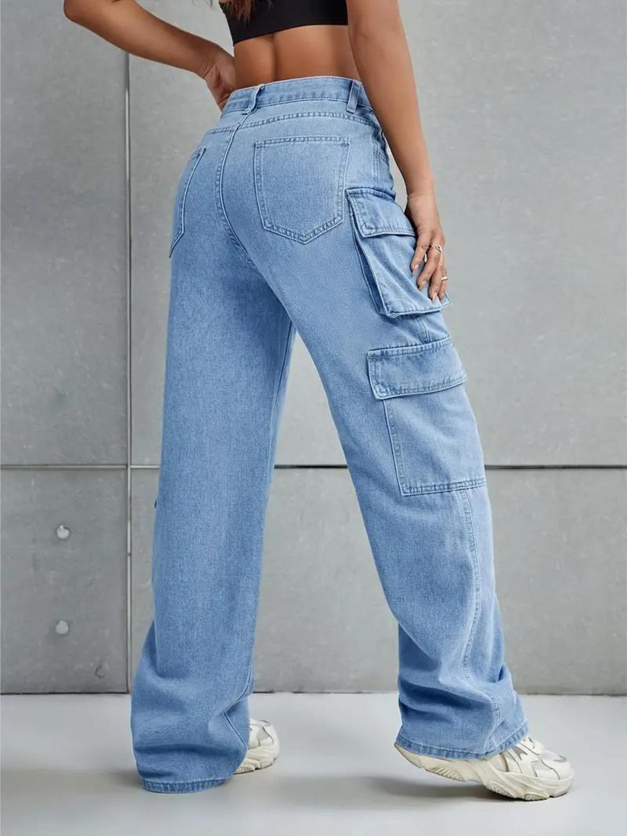 Voyager Vixen Cargo Pants – Light Blue Cargo Jeans Side View – Glossia Fashion