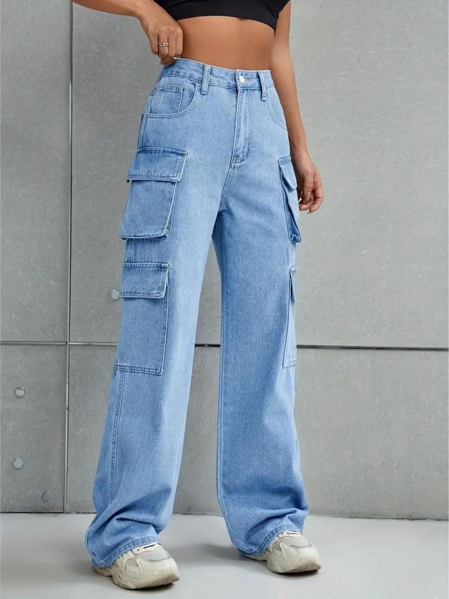 Voyager Vixen Cargo Pants – Light Blue Cargo Jeans Back View – Glossia Fashion