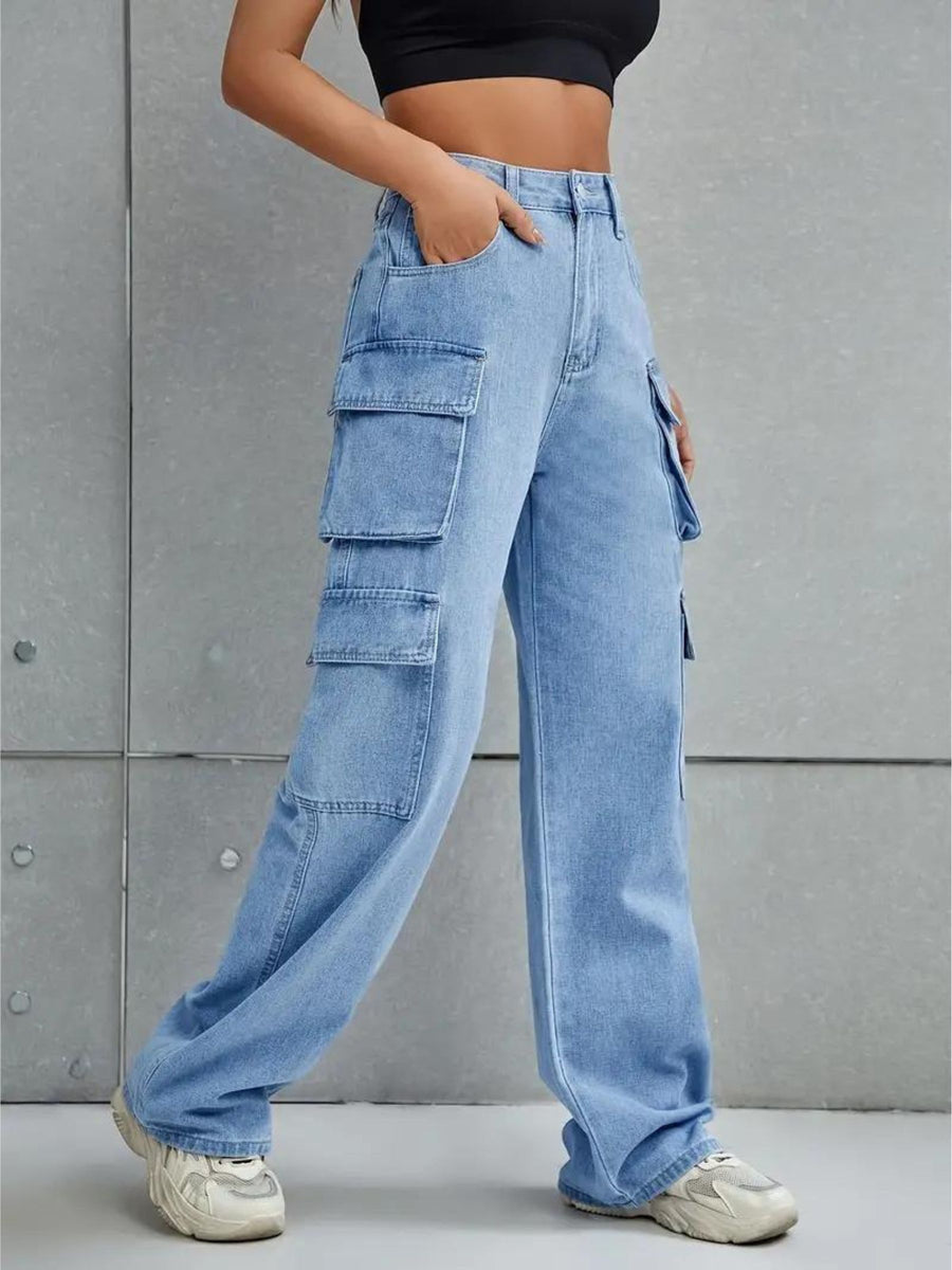 Voyager Vixen Cargo Pants – Light Blue Cargo Jeans Style View – Glossia Fashion