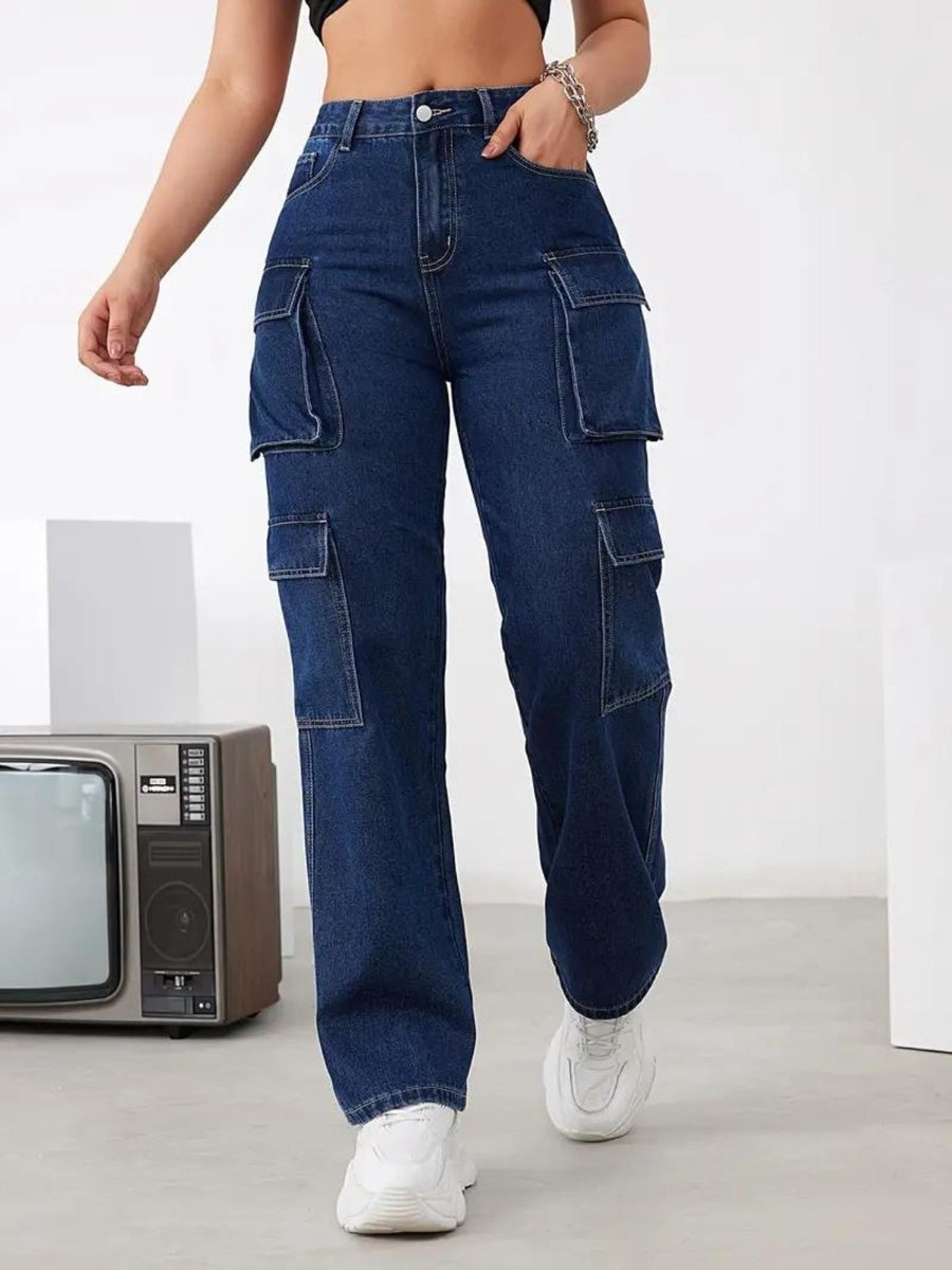 Voyager Vixen Cargo Pants – Navy Blue Cargo Jeans Front View – Glossia Fashion