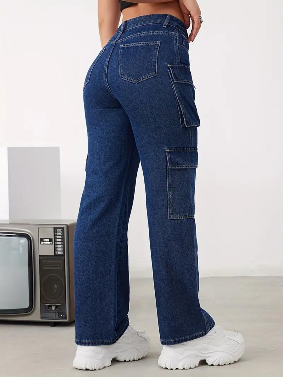 Voyager Vixen Cargo Pants – Navy Blue Cargo Jeans Side View – Glossia Fashion