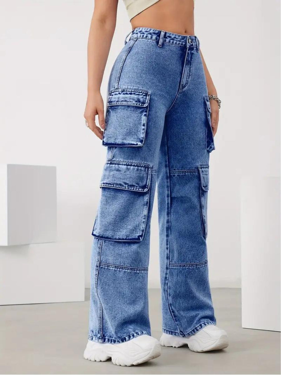 Cityscape Adventurer Cargo Denim – Blue Cargo Jeans Side View – Glossia Fashion
