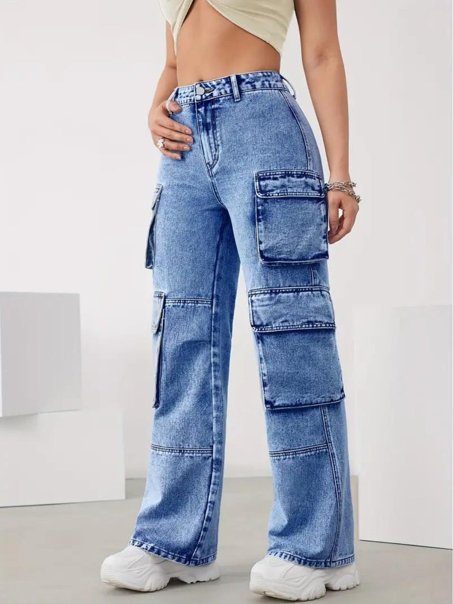 Cityscape Adventurer Cargo Denim – Blue Cargo Jeans Back View – Glossia Fashion
