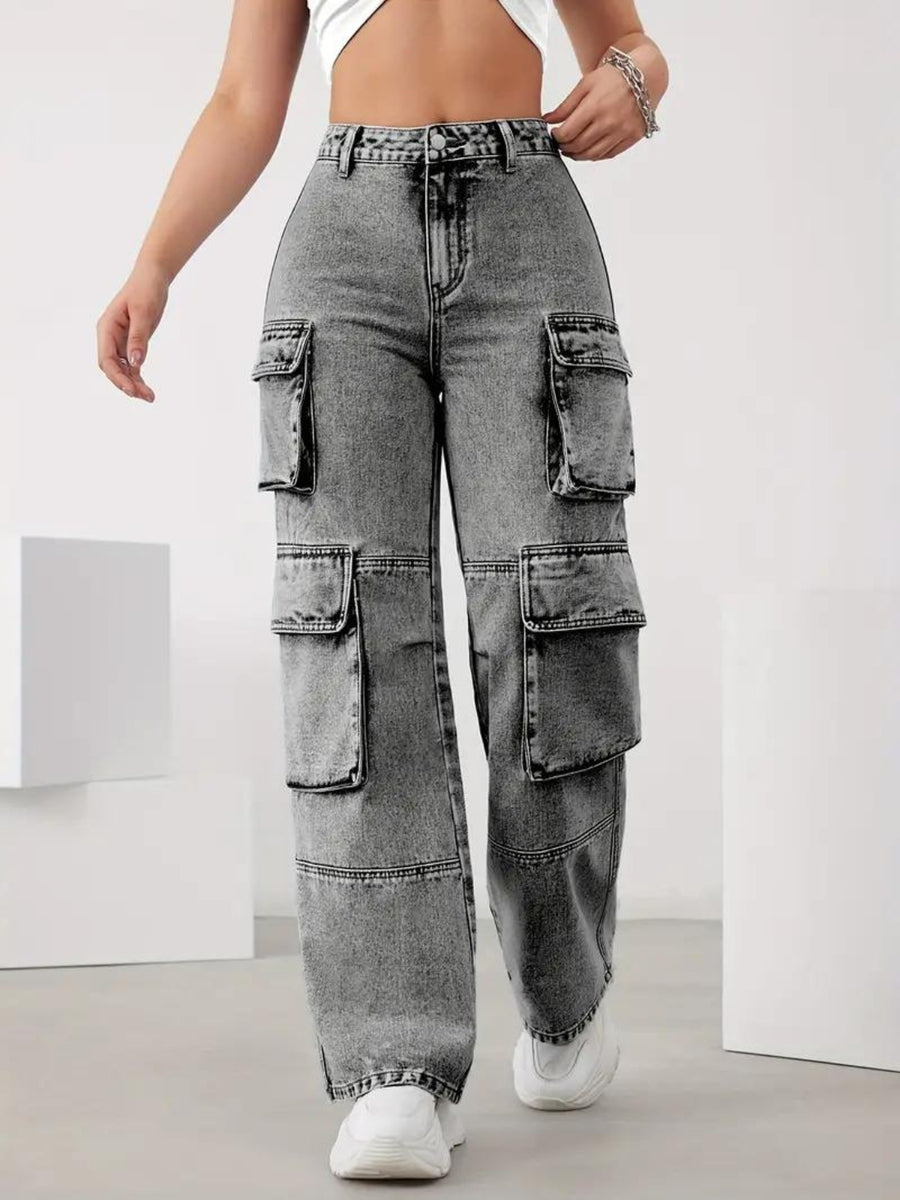 Cityscape Adventurer Cargo Denim – Grey Cargo Jeans Front View – Glossia Fashion