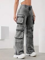 Cityscape Adventurer Cargo Denim – Grey Cargo Jeans Detail View – Glossia Fashion
