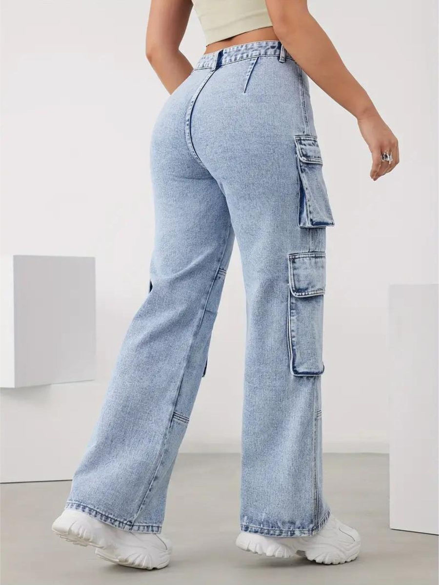 Cityscape Adventurer Cargo Denim – Light Blue Cargo Jeans Back View – Glossia Fashion