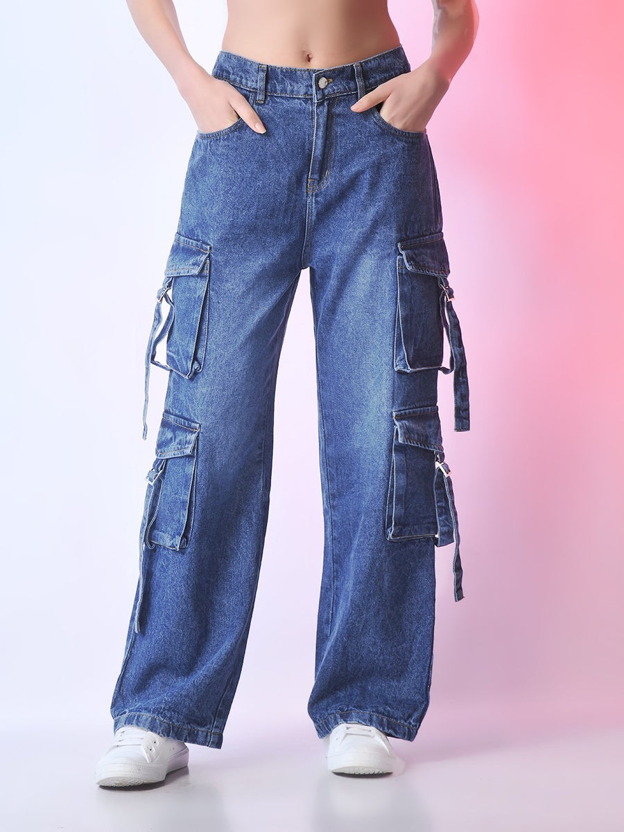 Desert Nomad Cargo Denim – Blue Cargo Jeans Front View – Glossia Fashion