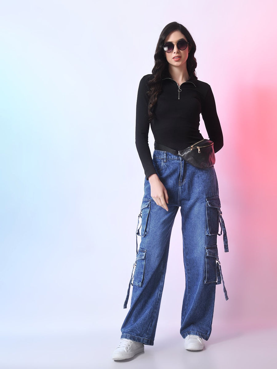 Desert Nomad Cargo Denim – Blue Cargo Jeans Side View – Glossia Fashion