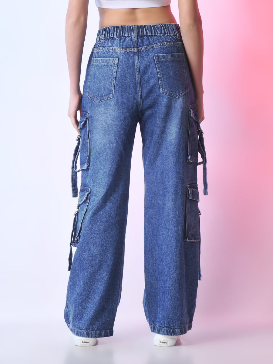 Desert Nomad Cargo Denim – Blue Cargo Jeans Back View – Glossia Fashion