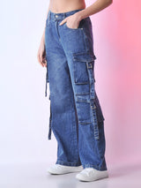 Desert Nomad Cargo Denim – Blue Cargo Jeans Detail View – Glossia Fashion
