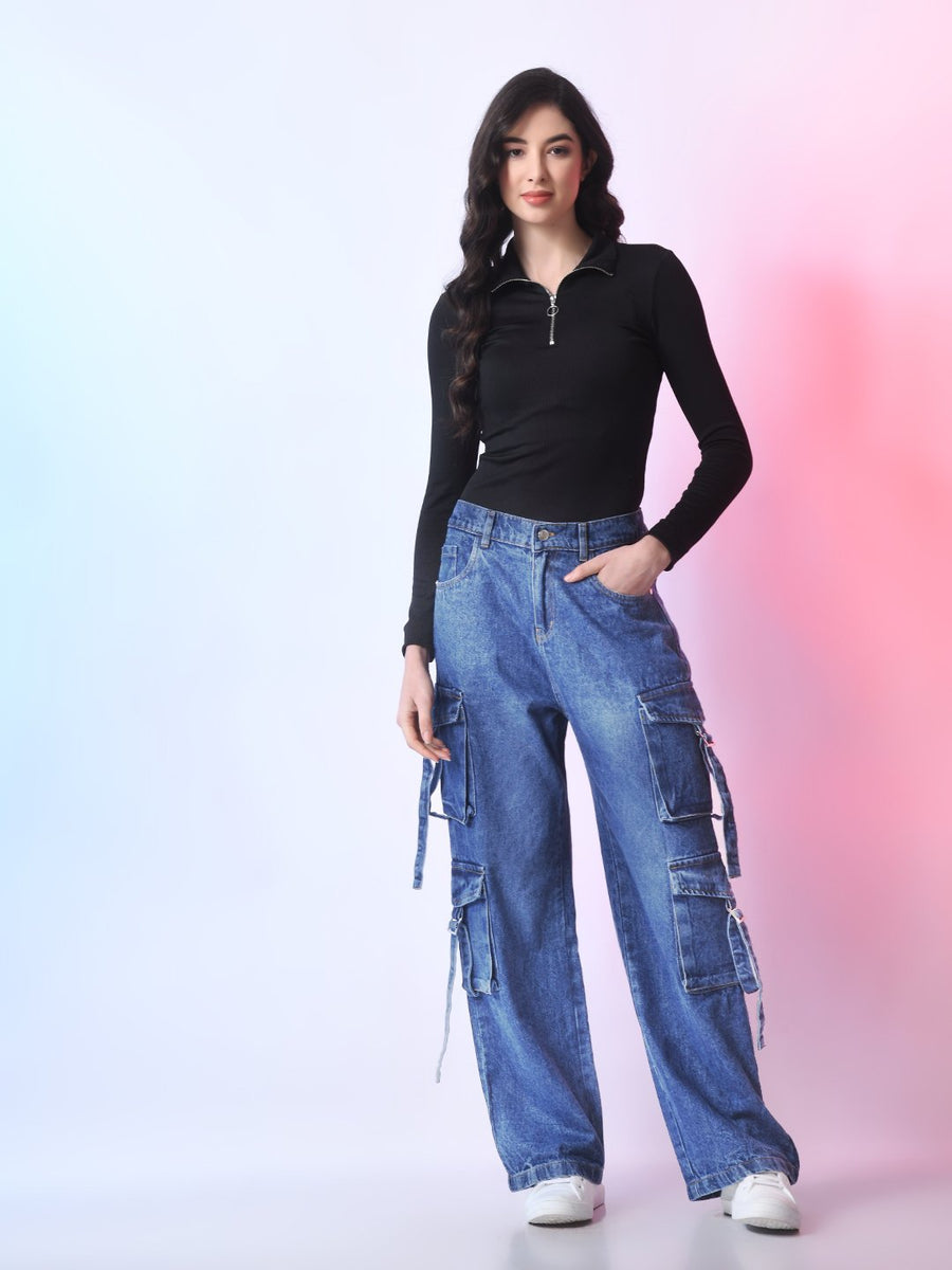 Desert Nomad Cargo Denim – Blue Cargo Jeans Full Length – Glossia Fashion