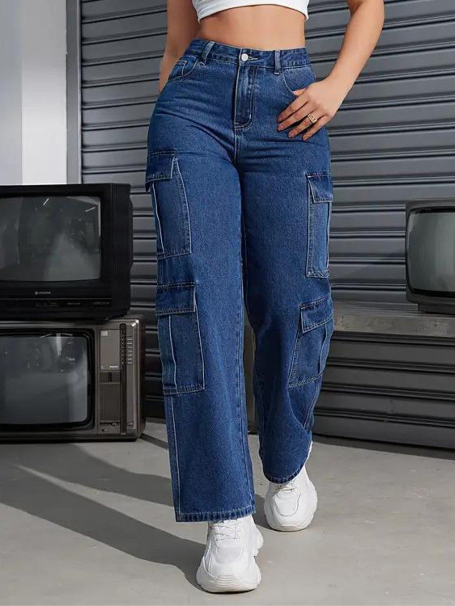 Explorer Expedition Cargo Denim – Blue Cargo Jeans Front View – Glossia Fashion
