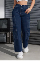 Explorer Expedition Cargo Denim – Navy Blue Cargo Jeans Front View – Glossia Fashion