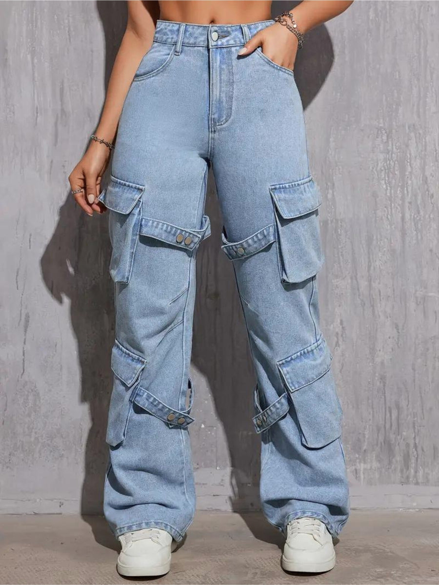 Adventure Seeker Cargo Denim – High Rise Cargo Jeans Front View – Glossia Fashion