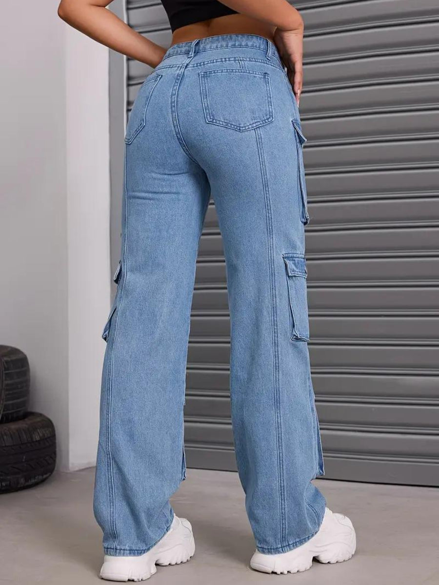 Urban Safari Scout Cargo Denim – Blue Cargo Jeans Side View – Glossia Fashion