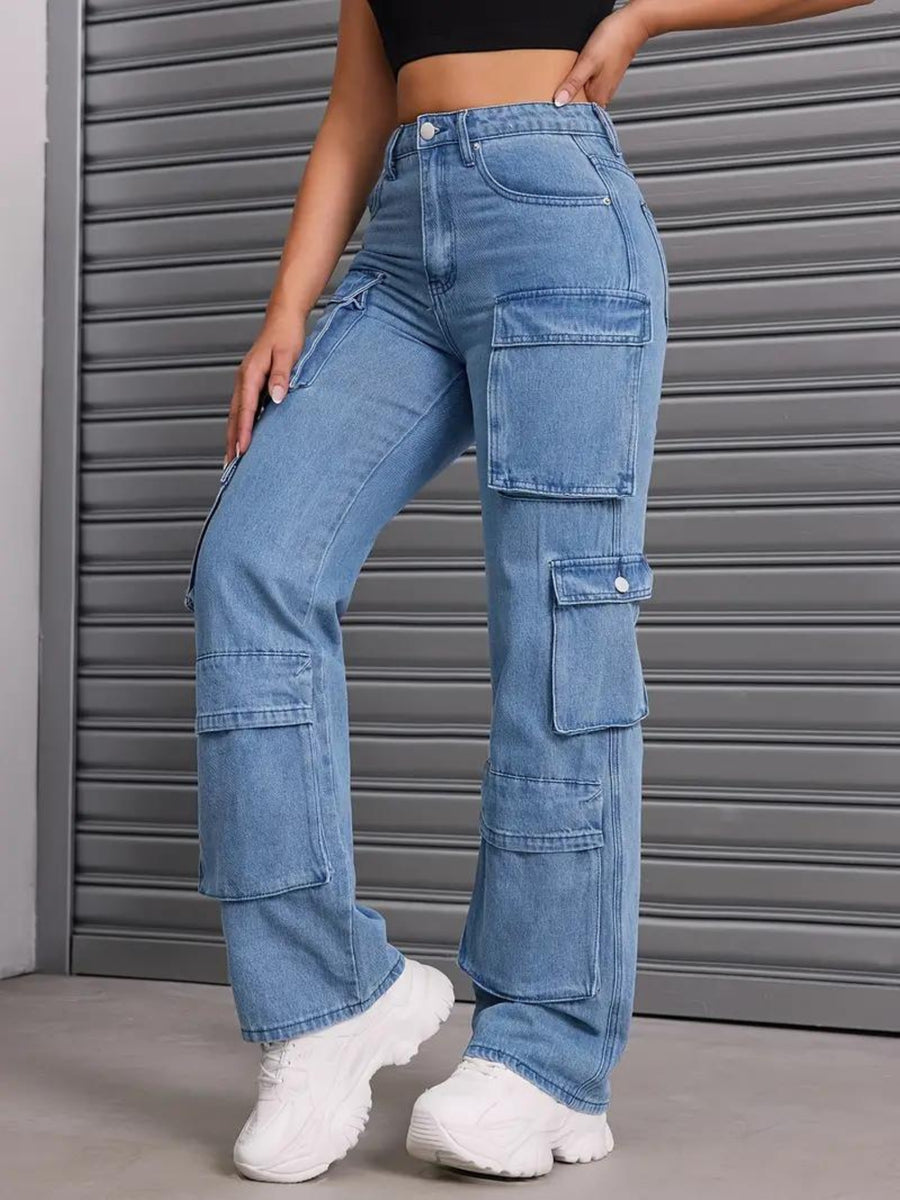 Urban Safari Scout Cargo Denim – Blue Cargo Jeans Detail View – Glossia Fashion