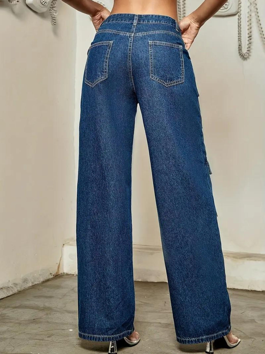 Wilderness Wanderer Cargo Denim – Navy Blue Cargo Jeans Front View – Glossia Fashion