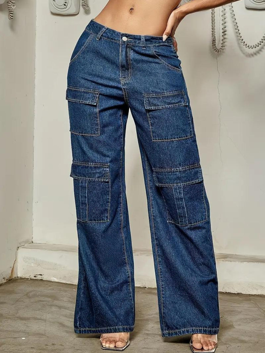 Wilderness Wanderer Cargo Denim – Navy Blue Cargo Jeans Side View – Glossia Fashion