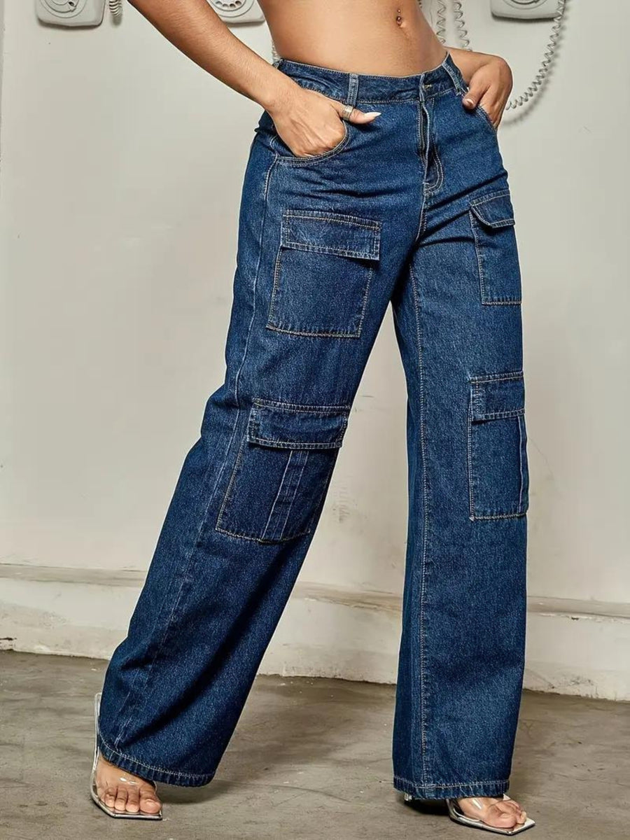 Wilderness Wanderer Cargo Denim – Navy Blue Cargo Jeans Back View – Glossia Fashion