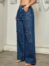 Wilderness Wanderer Cargo Denim – Navy Blue Cargo Jeans Detail View – Glossia Fashion