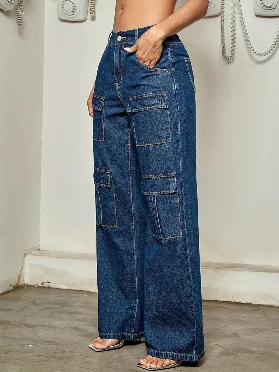 Wilderness Wanderer Cargo Denim – Navy Blue Cargo Jeans Detail View – Glossia Fashion