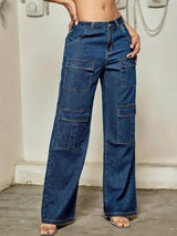 Wilderness Wanderer Cargo Denim – Navy Blue Cargo Jeans Style View – Glossia Fashion