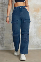 Wilderness Wanderer Cargo Denim – Navy Blue Cargo Jeans Front View – Glossia Fashion