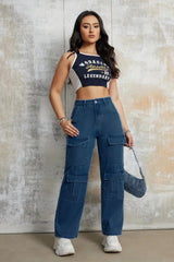 Wilderness Wanderer Cargo Denim – Navy Blue Cargo Jeans Style View – Glossia Fashion