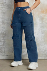 Wilderness Wanderer Cargo Denim – Navy Blue Cargo Jeans Back View – Glossia Fashion