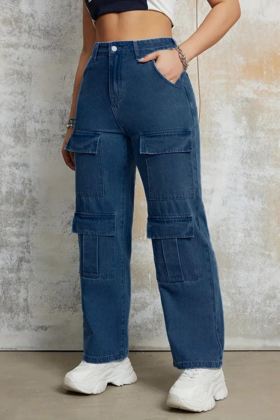 Wilderness Wanderer Cargo Denim – Navy Blue Cargo Jeans Back View – Glossia Fashion