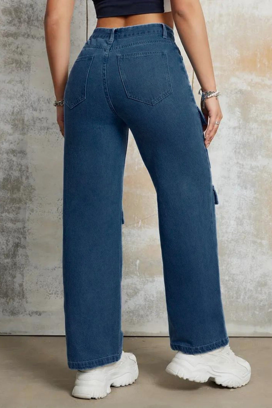 Wilderness Wanderer Cargo Denim – Navy Blue Cargo Jeans Side View – Glossia Fashion