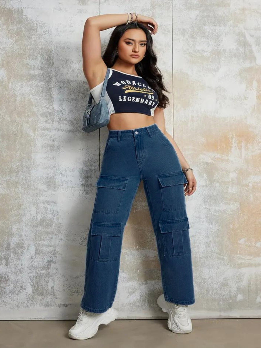 Wilderness Wanderer Cargo Denim – Navy Blue Cargo Jeans – Glossia Fashion