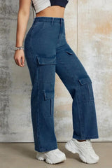 Wilderness Wanderer Cargo Denim – Navy Blue Cargo Jeans Detail View – Glossia Fashion