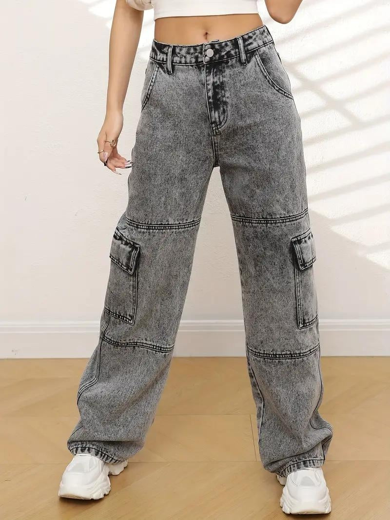 Urban Edge High-Rise Utility Denim – Grey Denim Jeans Front View – Glossia Fashion
