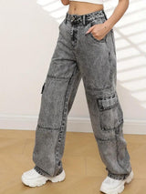 Urban Edge High-Rise Utility Denim – Grey Denim Jeans Back View – Glossia Fashion