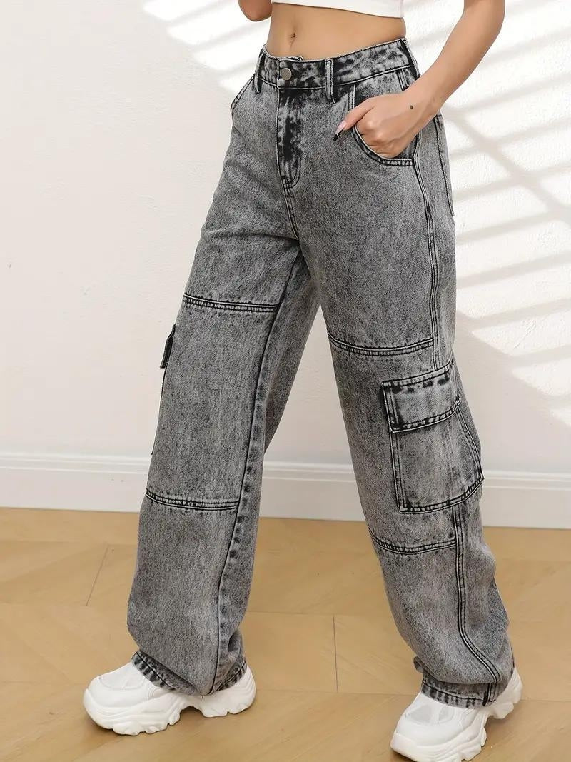 Urban Edge High-Rise Utility Denim – Grey Denim Jeans Back View – Glossia Fashion