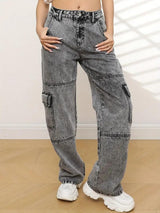 Urban Edge High-Rise Utility Denim – Grey Denim Jeans Detail View – Glossia Fashion