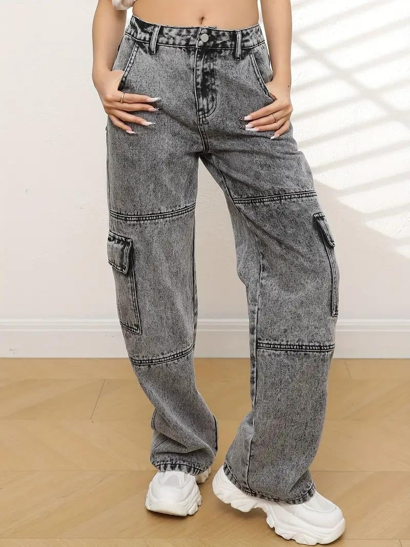 Urban Edge High-Rise Utility Denim – Grey Denim Jeans Detail View – Glossia Fashion