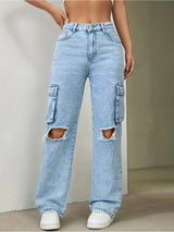 Fearless Fit Knee-Rip Cargo Jeans – Light Blue Cargo Jeans Front View – Glossia Fashion