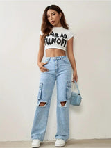 Fearless Fit Knee-Rip Cargo Jeans – Light Blue Cargo Jeans – Glossia Fashion