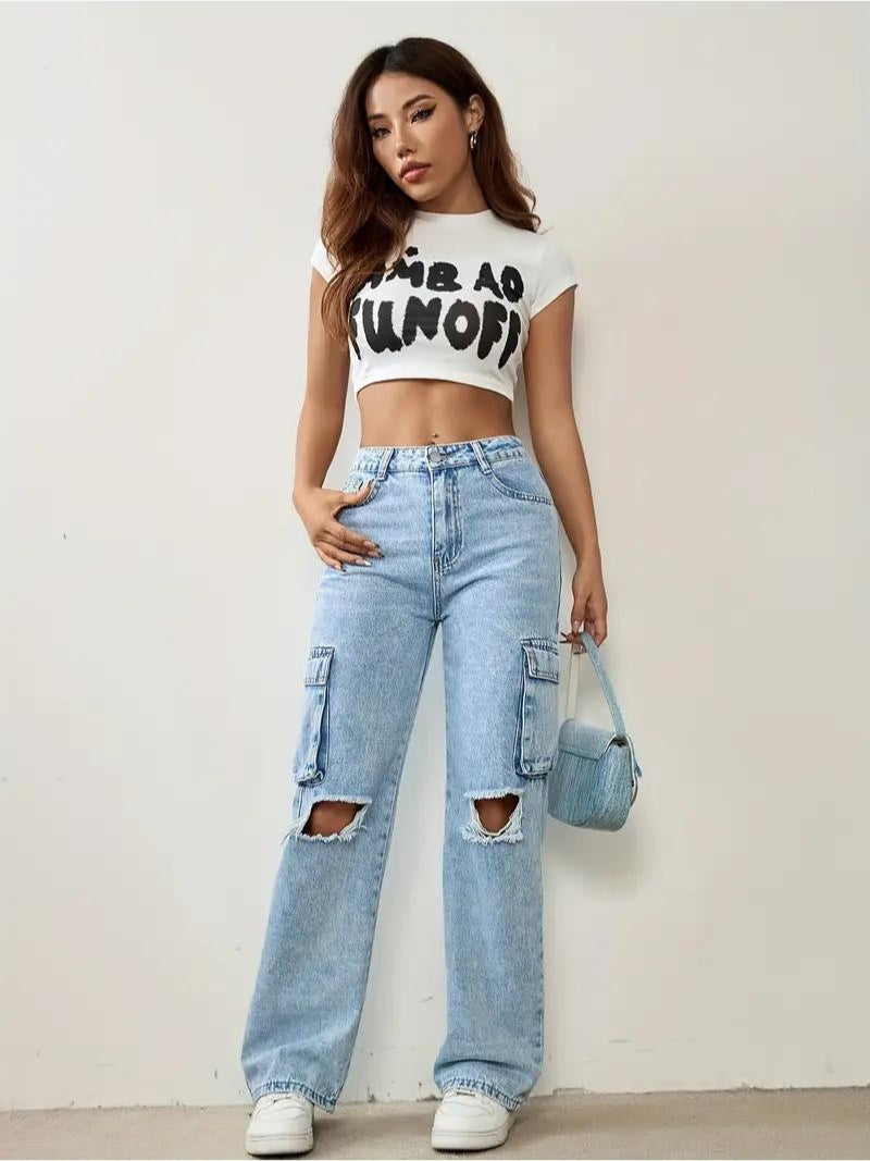 Fearless Fit Knee-Rip Cargo Jeans – Light Blue Cargo Jeans – Glossia Fashion